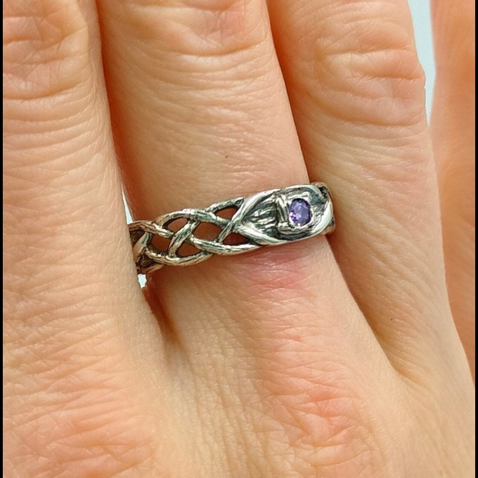 Delicate Gothic Ring with Amethyst Gemstone|Celtic Braided Weave Wedding Band with Amethyst Vine Twig Branch Design