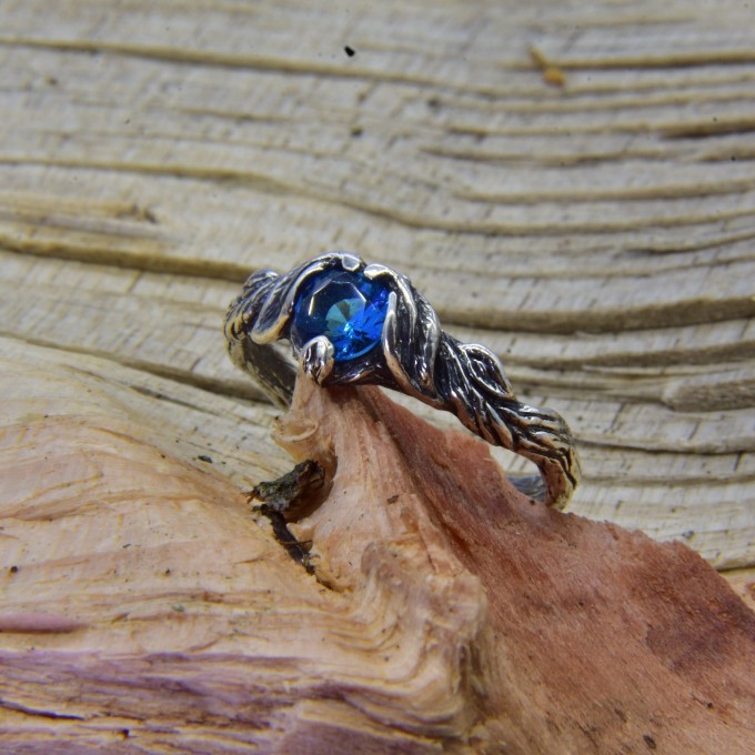 Gothic Silver Ring with Blue Aquamarine and Organic Design