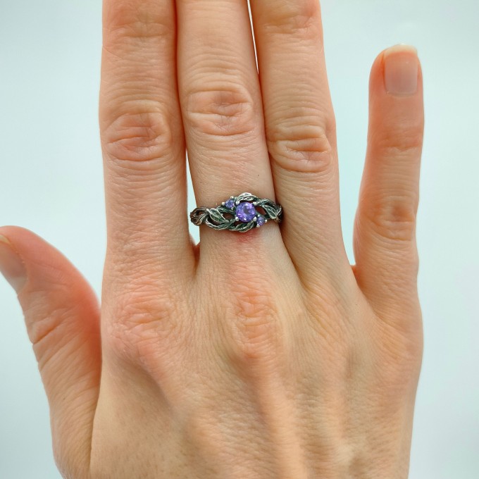 Amethyst Silver Ring with Intricate Fantasy Design
