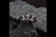 Unique Silver Engagement Ring with Skull, Leaves and Rubies on Wood Texture, Ring Sign of Immortality, Memento Mori Ring