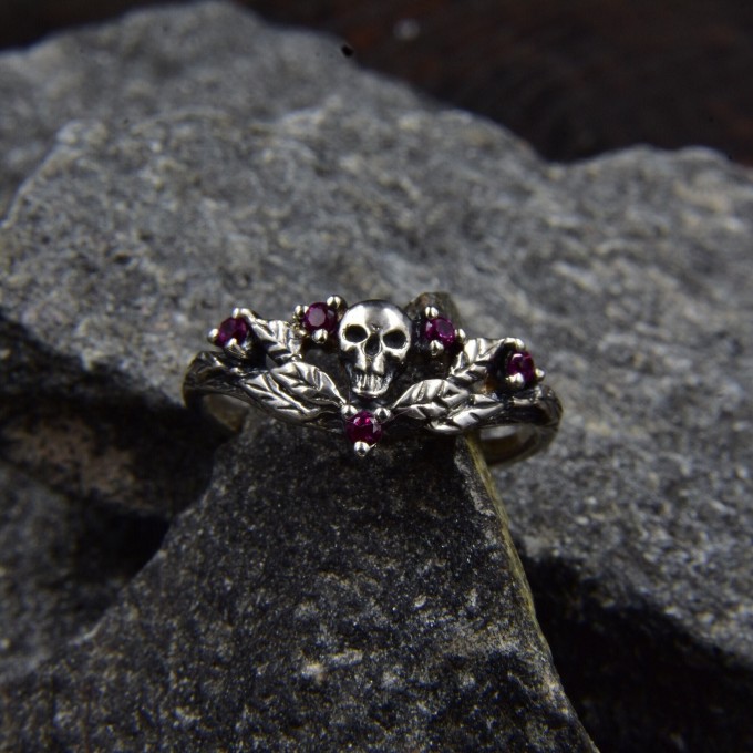 Gothic Ruby Ring with Skull Motif and Bold Design 