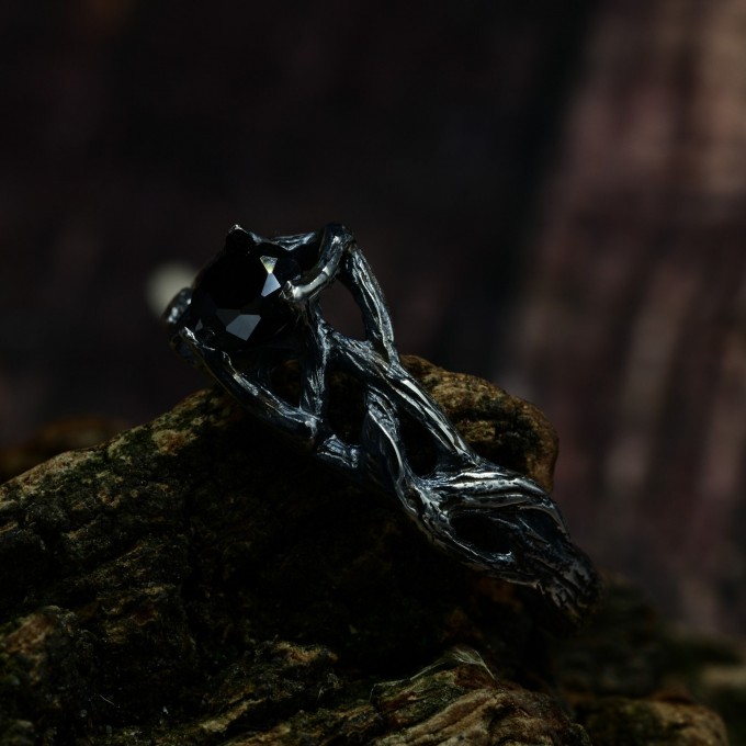 Dark Silver Ring with Black Obsidian Gemstone
