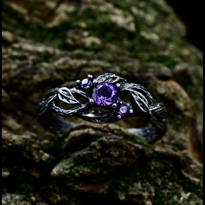 Whisper of Vines: Gothic Sterling Silver Ring with Amethyst Accent