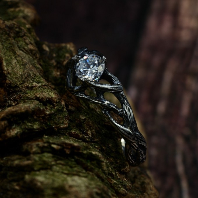 Gothic White Topaz Ring with Enchanted Vine Motif