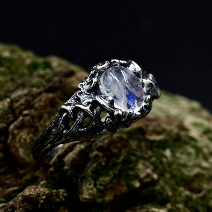 Gothic Moonstone Ring with Intricate Forest Design