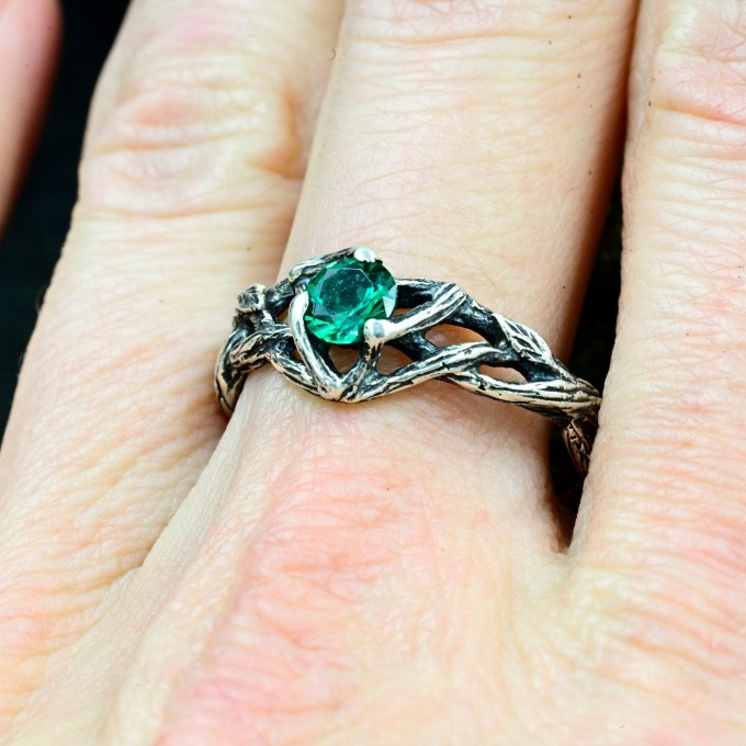 Gothic Emerald Ring with Intricate Nature Motif