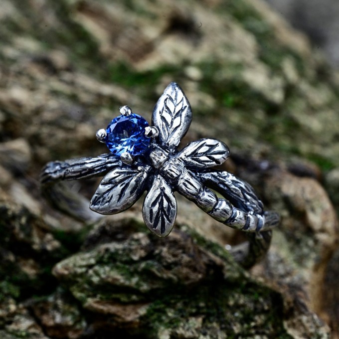 Gothic Silver Ring with Dragonfly and Blue Topaz