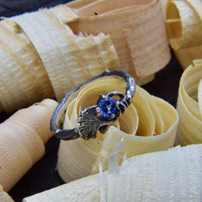 Gothic Floral Ring with Deep Blue Sapphire