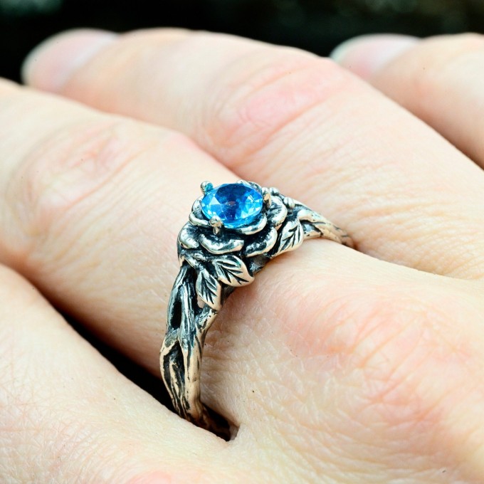Gothic Aquamarine Ring with Intricate Nature Motif