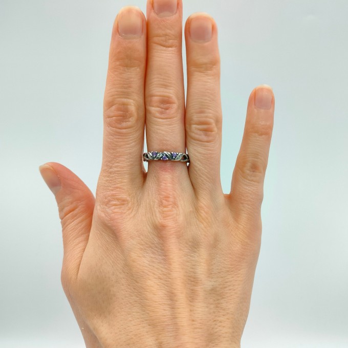 Gothic Silver Ring with Amethyst and Nature Motif