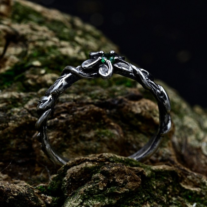 Delicate Gothic Ring with Emerald and Leaf Design|Unusual Nature-Inspired Engagement Ring