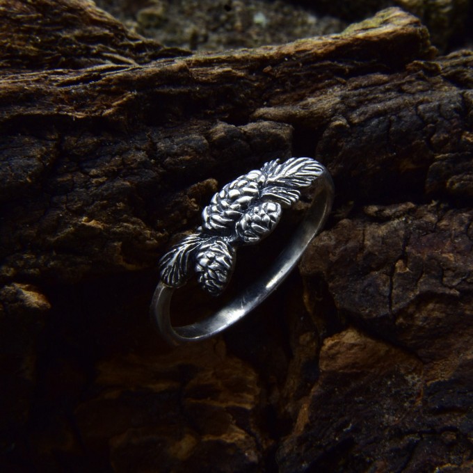 Silver Pinecone Ring with Forest Motif