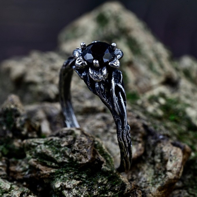 Gothic Obsidian Ring with Enchanted Floral Motif
