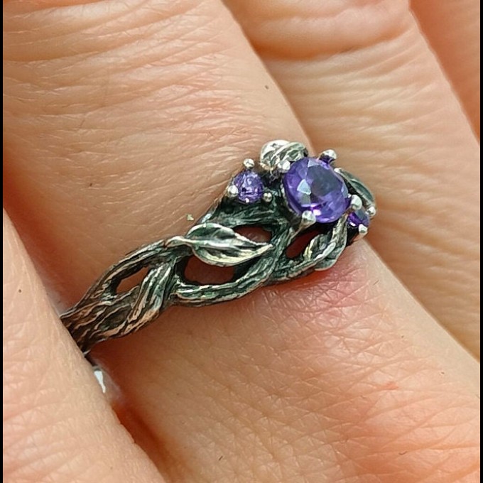 Amethyst Silver Ring with Intricate Fantasy Design