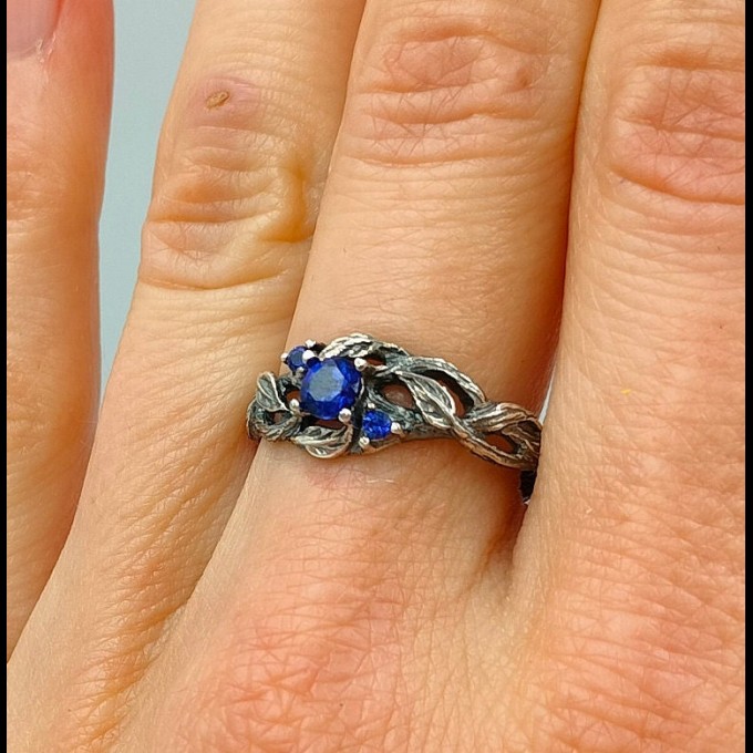 Blue Sapphire Vine Ring - Enchanting Silver Jewelry