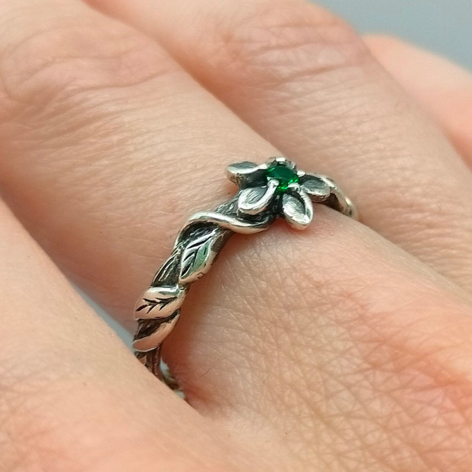 Enchanting Silver Ring with Elegant Emerald Gemstone| Unique and Unusual Engagement Ring for Her