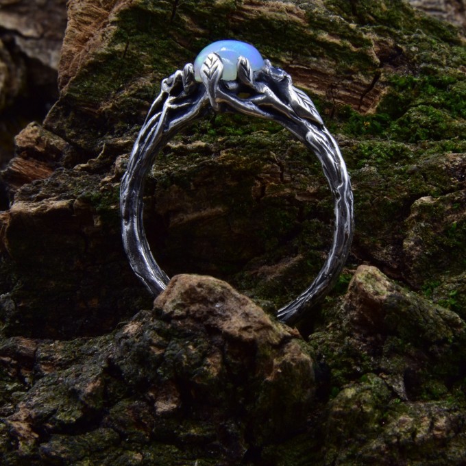 Gothic Moonstone Ring with Enchanted Branch Motif