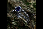 Dainty Nature Sapphire Wedding Ring, Fantasy Engagement Ring with Woodsy Tree Bark Band, Plant Wedding Ring Forest Jewelry