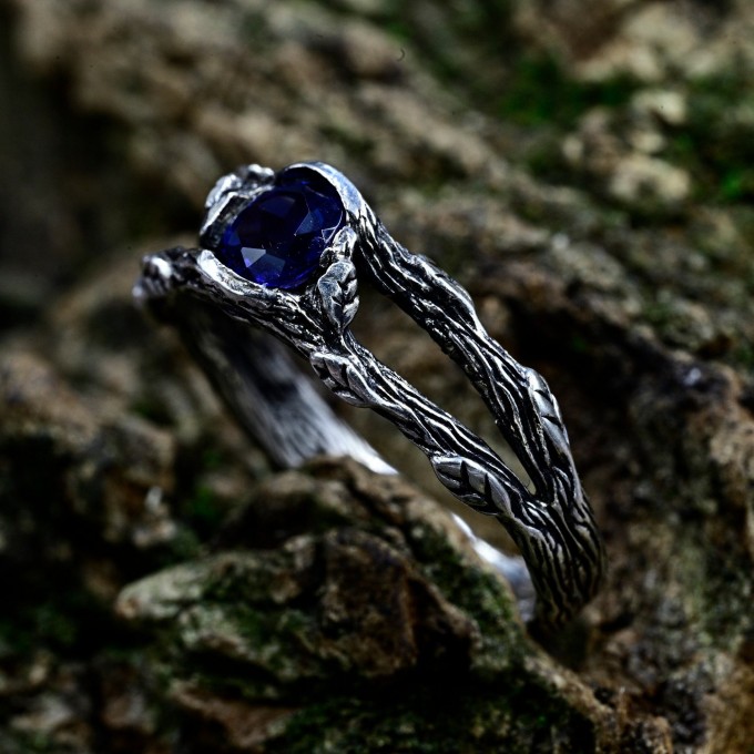 Twilight Veil: Gothic Sterling Silver Ring with Deep Sapphire