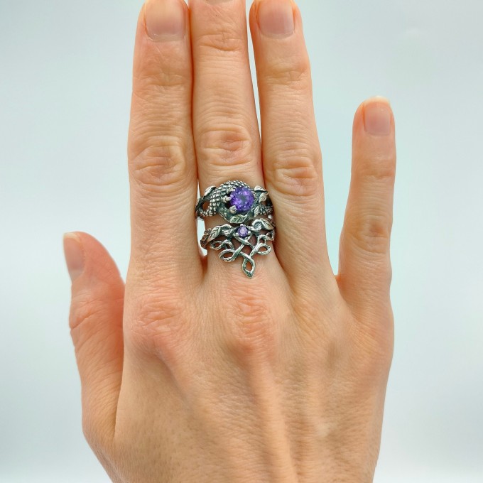 Gothic Dragon Ring with Radiant Amethyst Gemstone
