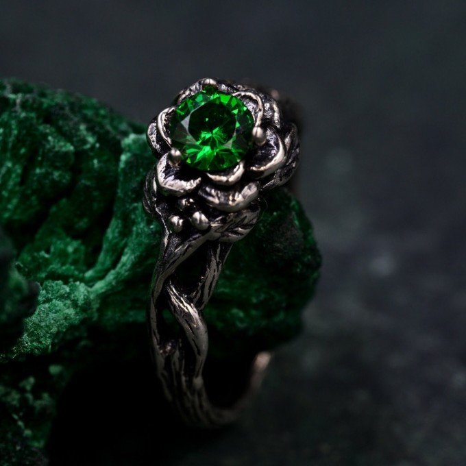 Enchanted Forest Emerald Ring - Whimsical Celtic Twig & Lotus Wedding Band