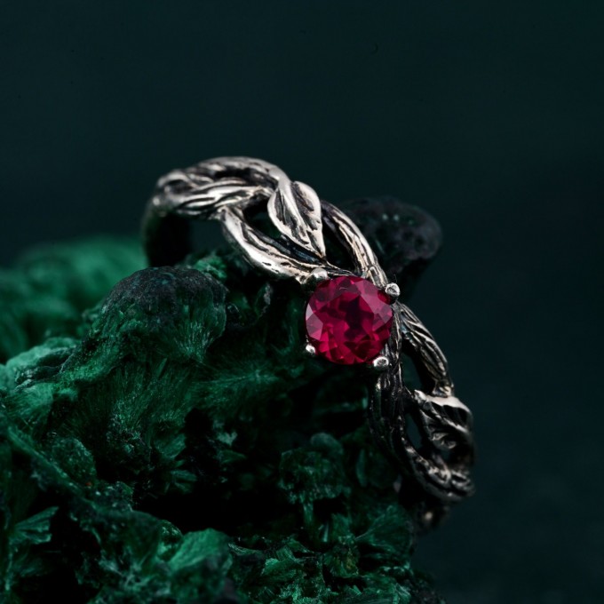 Leafy Branch with Ruby Ring – Nature-Inspired Silver Twig Jewelry