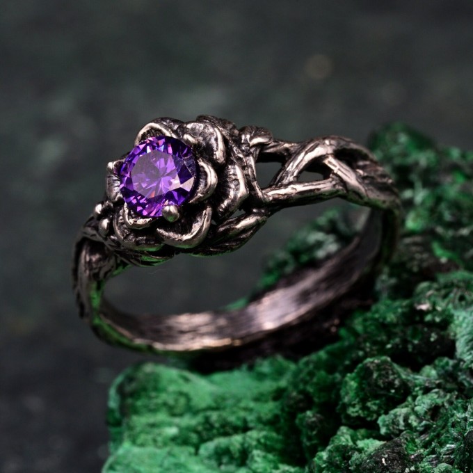 Amethyst Dewdrop Ring - Silver Leaves Embrace with Botanical Romance Design