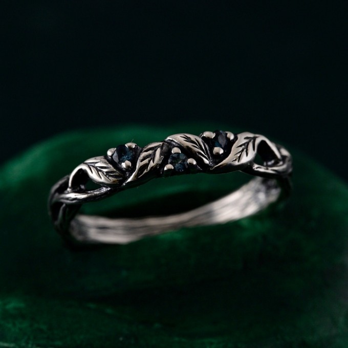London Blue Topaz Silver Ring – Nature-Inspired Jewelry with Fairy Vine & Willow Leaf Design