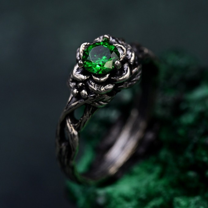Enchanted Forest Emerald Ring - Whimsical Celtic Twig & Lotus Wedding Band