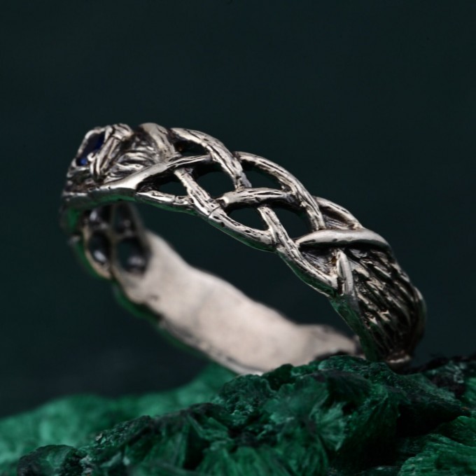 Wide Celtic Wedding Ring – Tree Bark Pattern with Sapphire, Vintage Style Sapphire Ring, Men's and Women's Wedding Band