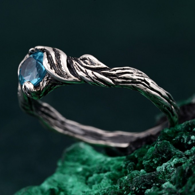 Sterling Silver Fantasy Wedding Ring with Nature Inspired Motif – Nature's Embrace Ring, Enchanted Forest Engagement Ring