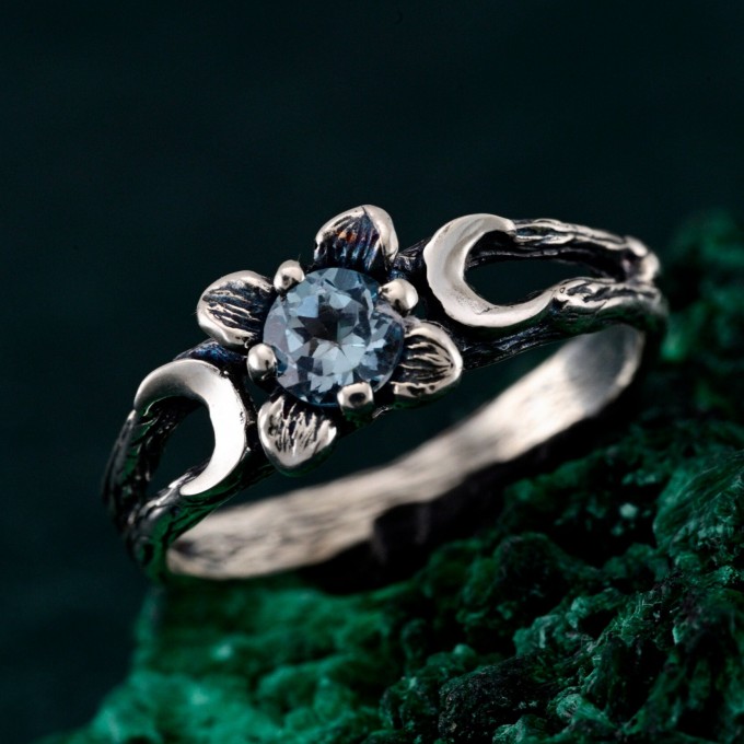 Gothic Silver Ring with Sapphire and Floral Design