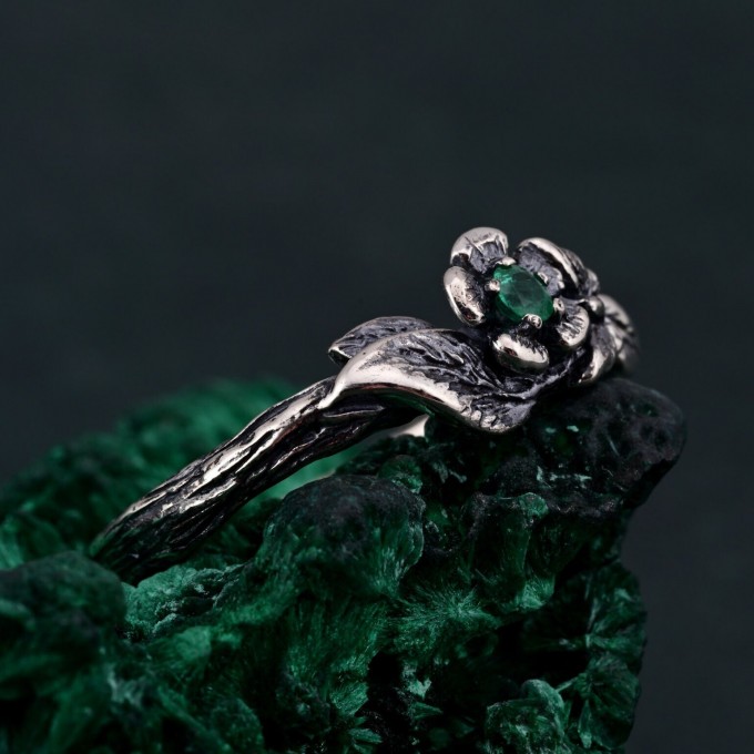 Enchanted Forest Silver Ring - Elegant Garnet & Moth Twig Design