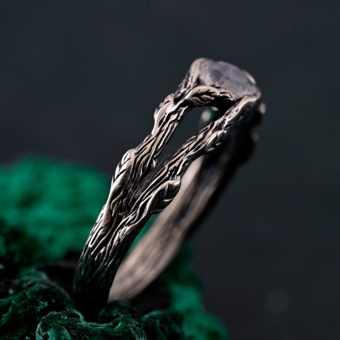Gothic Silver Ring with Moonstone and Nature Motif