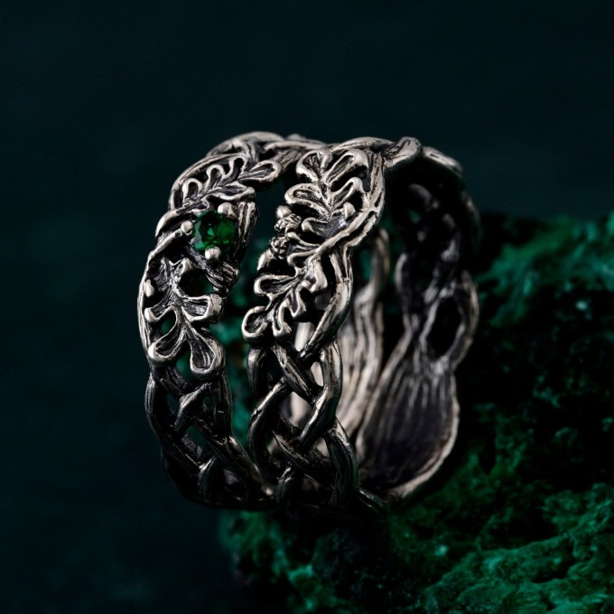 Nature's Embrace Wedding Bands with Oak & Acorn Design