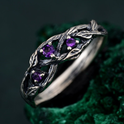 Amethyst Silver Ring - Nature-Inspired Twig Engagement Ring - Unique Dainty Leaf Design - Women's Birthstone Jewelry - Gift for Her