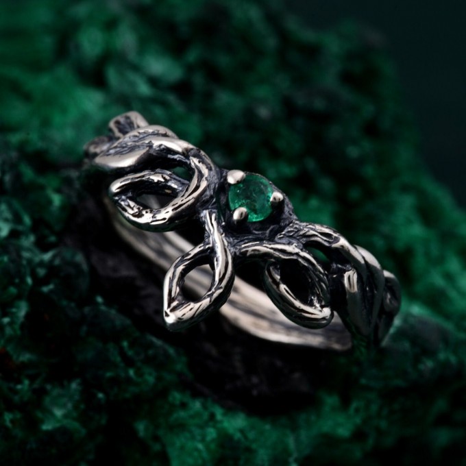 Delicate Leaf Braid with Wood Bark Branch Weave – One-of-a-Kind Silver Fairy Engagement Ring