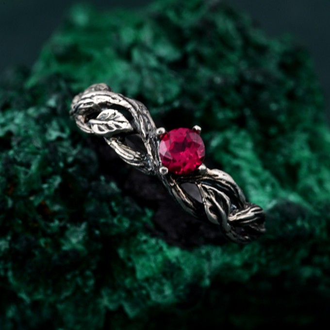 Leafy Branch with Ruby Ring – Nature-Inspired Silver Twig Jewelry