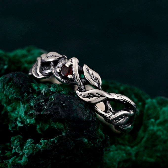 Garnet Twig Silver Ring with Dainty Branch and Petite Leaf Design