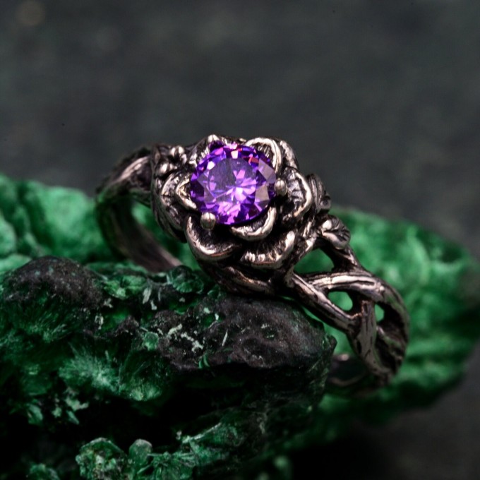 Enchanted Bloom: Gothic Sterling Silver Ring with Amethyst