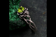 Peridot Lotus Ring - Nature-Inspired Silver Band with Leaf Detail, Artisanal Engagement Jewelry