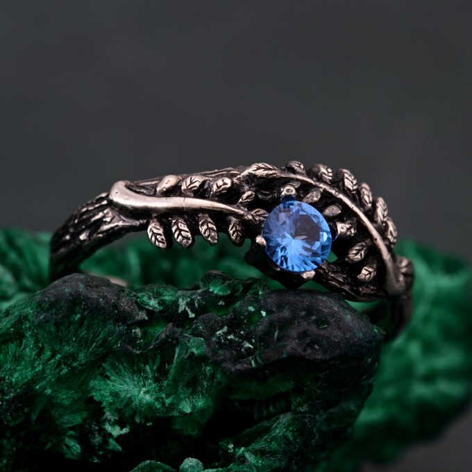 Topaz Fern Branchlet Ring – Whispering Fern Ring, Twig and Fern Ring, Woodland Fern Band, Graceful Frond Ring