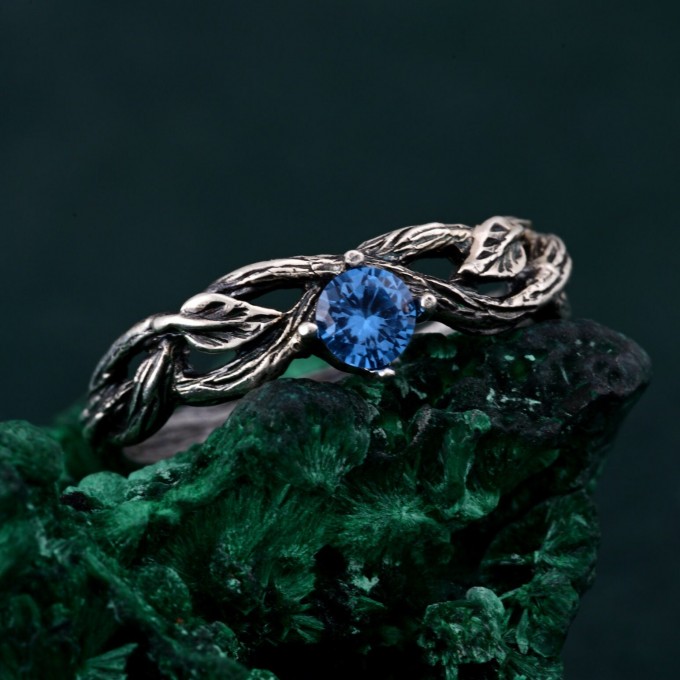 Leaves of Serenity: Gothic Blue Gemstone Ring