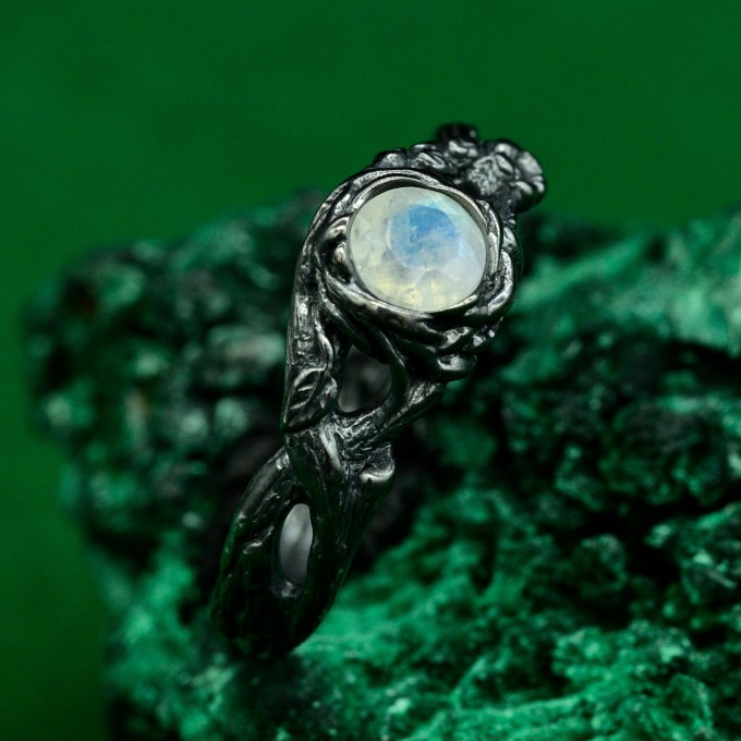 Moonstone Forest Branch Ring - Man’s Silver Vine Wedding Band with Unique Woodsy Texture