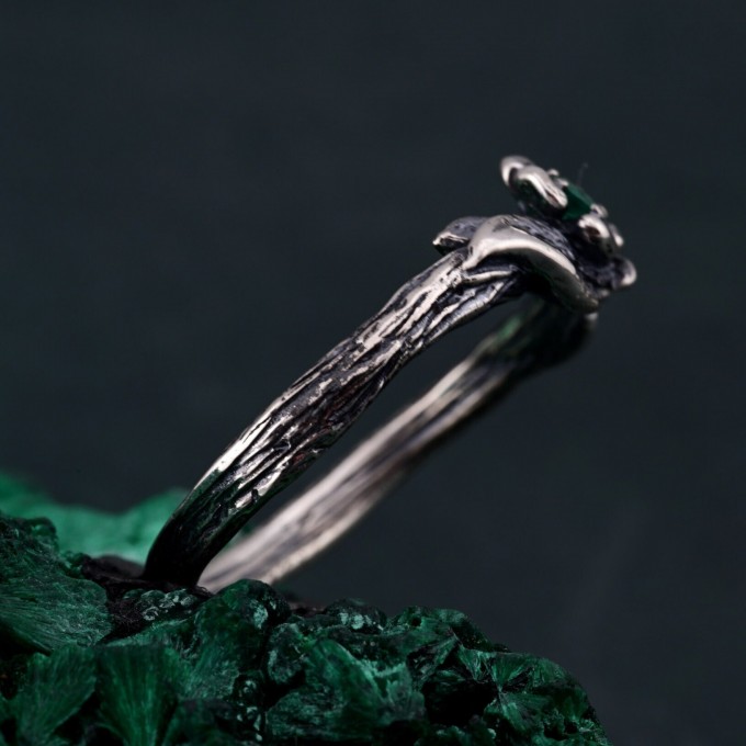 Enchanted Forest Silver Ring - Elegant Garnet & Moth Twig Design