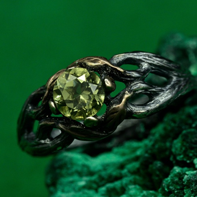 Mystical Forest Ring with Peridot - Leafy Engagement Ring with Branch and Blossom