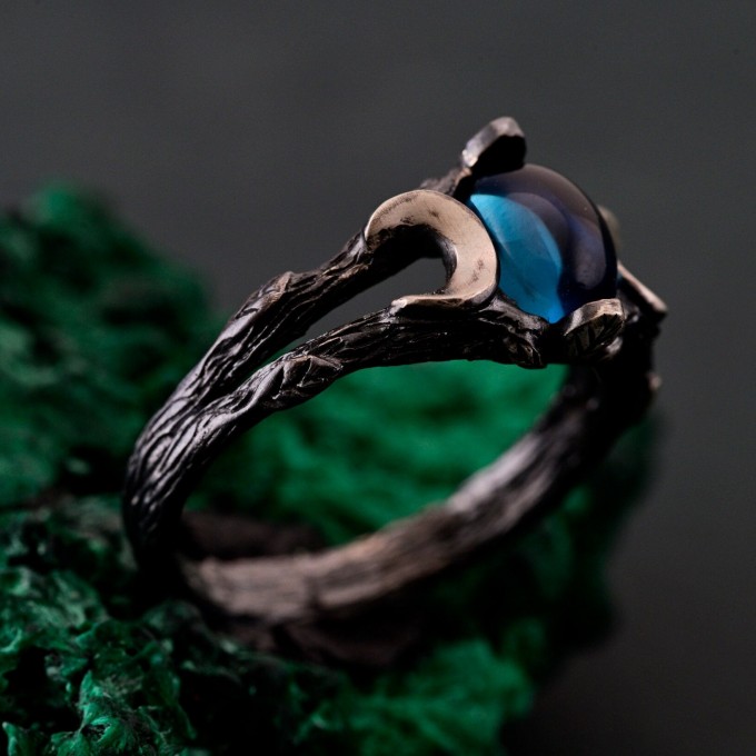 Silver Moon Phase Ring with Blue Gemstone: Enchanted Forest Bohemian Wedding Band