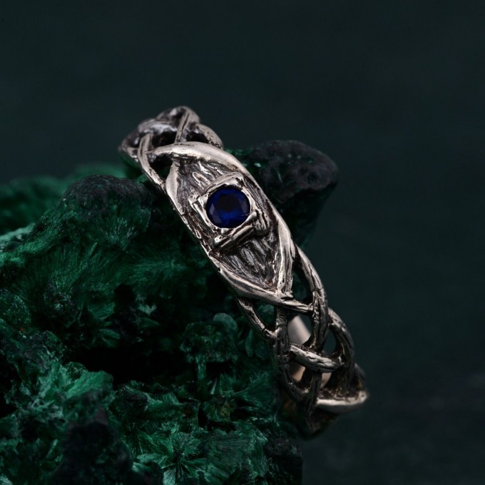 Celtic Pattern Sapphire Wedding Band - Wide Vintage Style Tree Bark Design for Couples