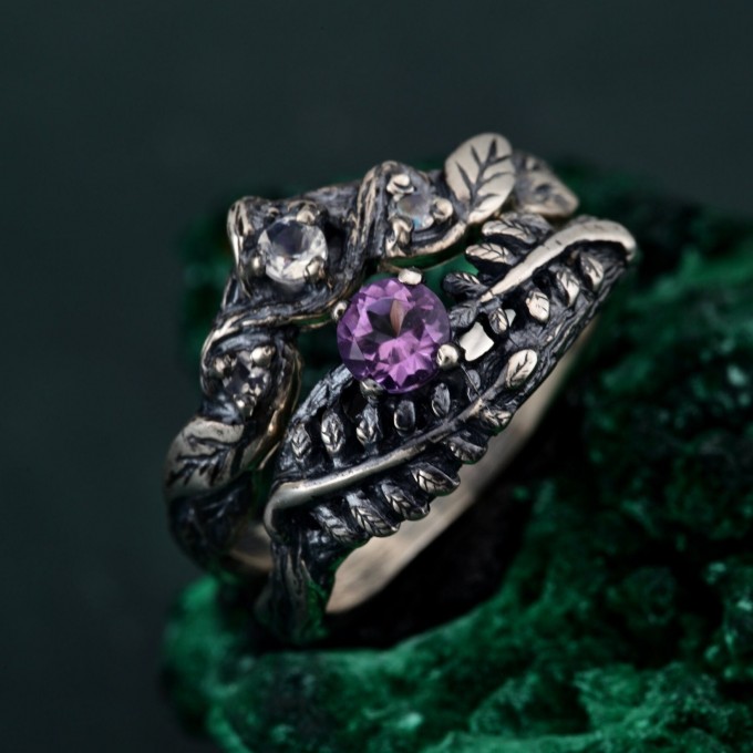 Mystical Amethyst Tree Ring - Enchanted Forest Handcrafted Leafy Silver Engagement Ring