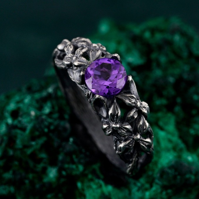 Gothic Silver Ring with Amethyst and Nature Motif